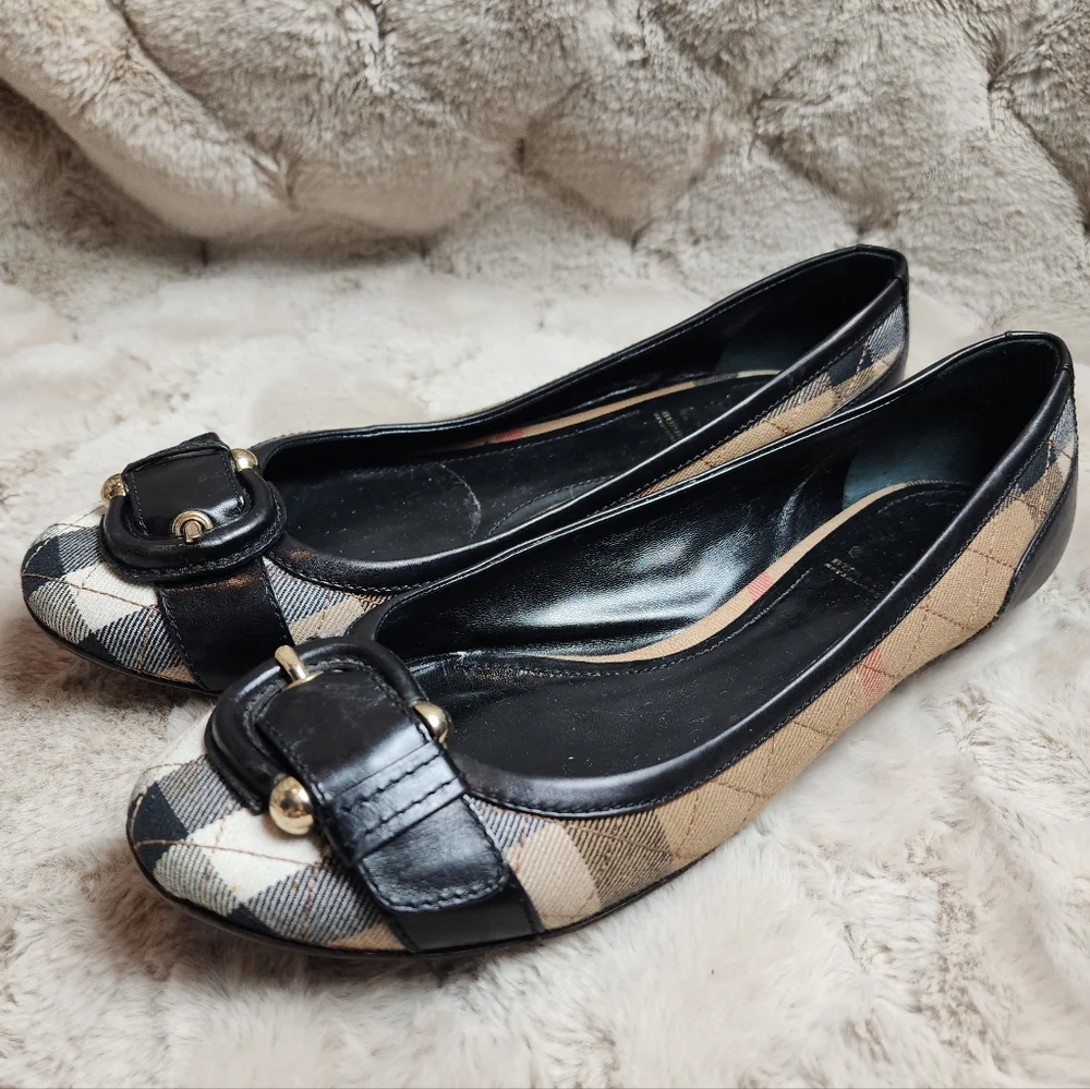 Burberry Beige Quilted Nova Check Canvas Leather Buckle Ballet Flats Shoes EU 39